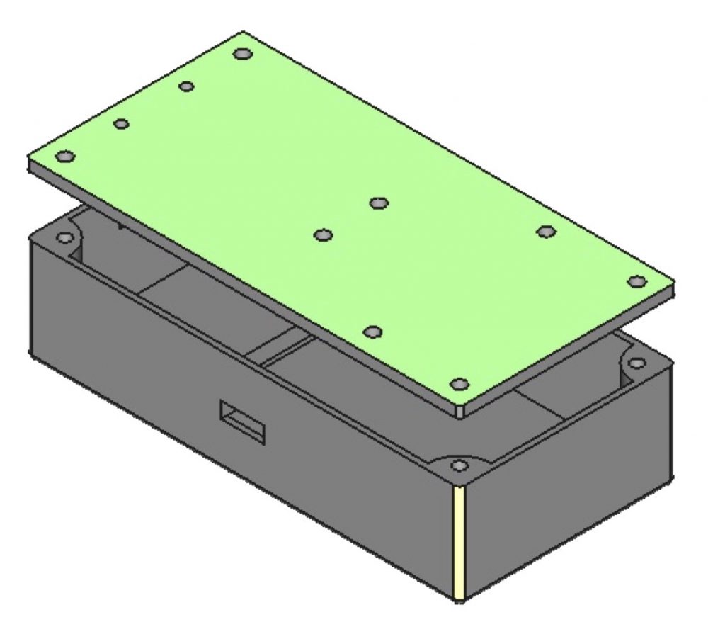 Enclosure (bottom and lid) for the battery, amplifier and Powerboost 500c designed in FreeCAD.