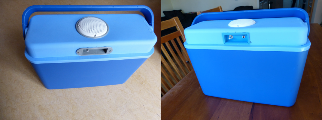 Left the cooler with improved speaker and console and right "old cooler" with printed part of PLA filament. 
